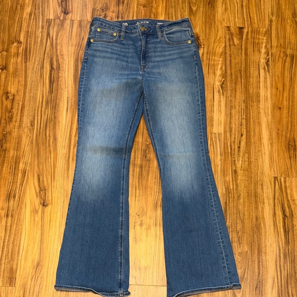 J Crew womens 30 10 skinny Flare Jeans Blue stretch mid high rise whisker